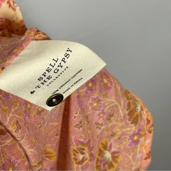 Spell • Sundown Camel Floral Print Short Sleeve Button Down Blouse Top Apricot S - Picture 9 of 10